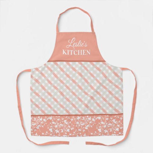 Peach White Gray Floral  Diagonal Plaid Monogram Apron