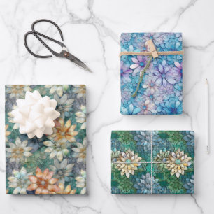 Peach White Green Floral Wrapping Paper Sheets