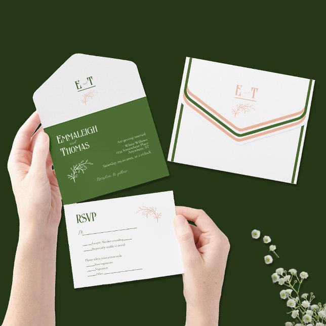 Peach White + Green Simple Modern Wedding All In One Invitation (Creator Uploaded)