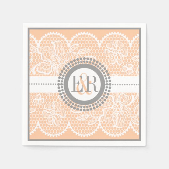 Peach, white lace pattern wedding paper napkin
