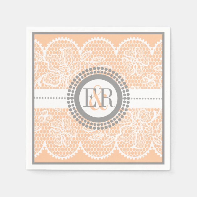 Peach, White Lace Pattern Wedding Paper Napkin