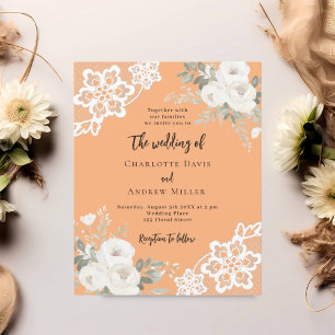 Peach white lace wedding invitation
