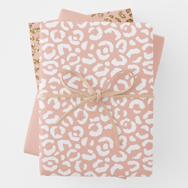 Peach White Leopard Print Wrapping Paper Sheets (In situ)