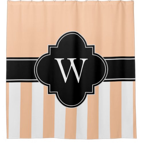Peach White LG Stripe 1ICBR Black Monogram Shower Curtain