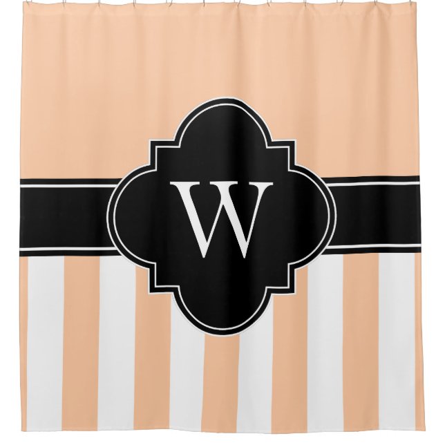 Peach White LG Stripe 1ICBR Black Monogram Shower Curtain (Front)