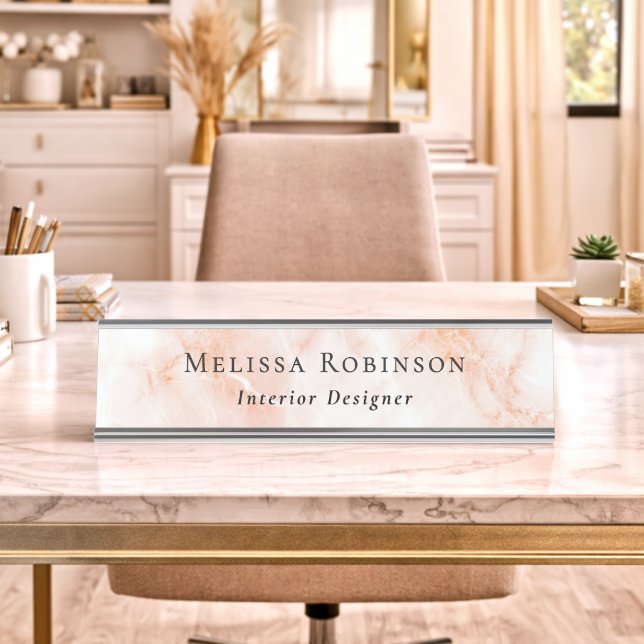 Peach & White Marble Professional Simple Name Desk Name Plate (Creator Uploaded)