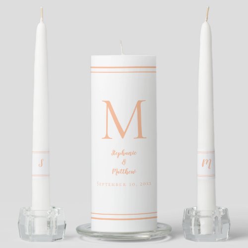 Peach White Modern Wedding Ceremony Bride Groom Unity Candle Set