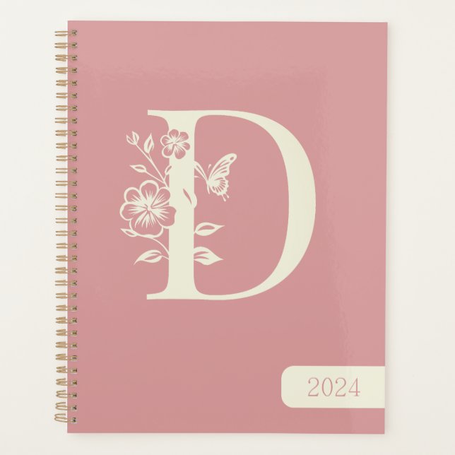 Peach White monogram initials name minimalist 2024 Planner (Front)
