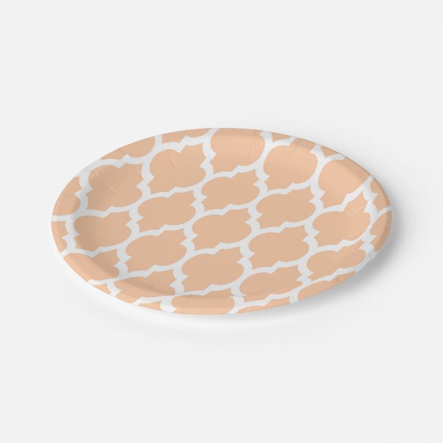 Peach White Moroccan Quatrefoil Pattern #4 Paper Plates (Angled)