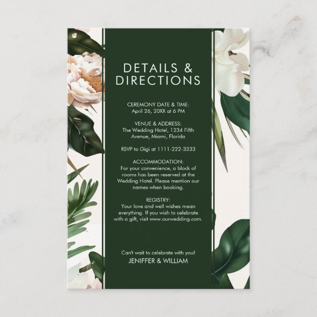 Peach White Peonies & Green Leaves Floral Wedding Enclosure Card (Front)