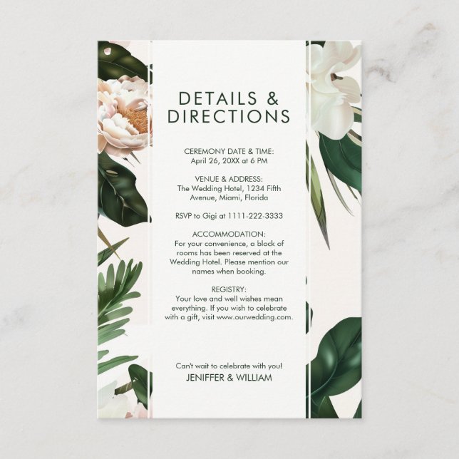 Peach White Peonies & Green Leaves Floral Wedding Enclosure Card (Front)
