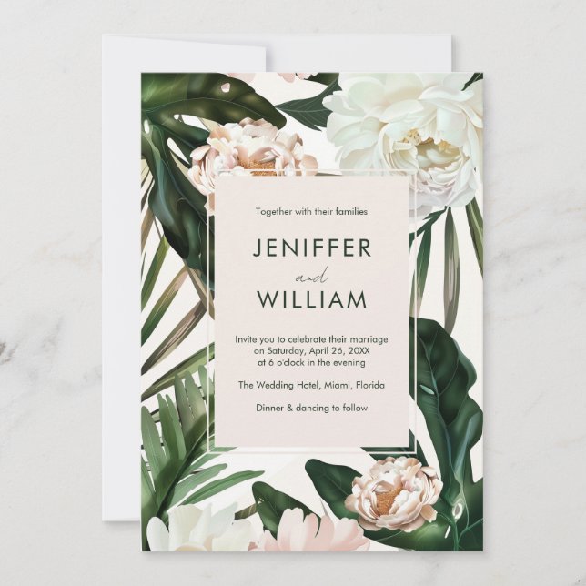 Peach White Peonies & Green Leaves Floral Wedding Invitation (Front)