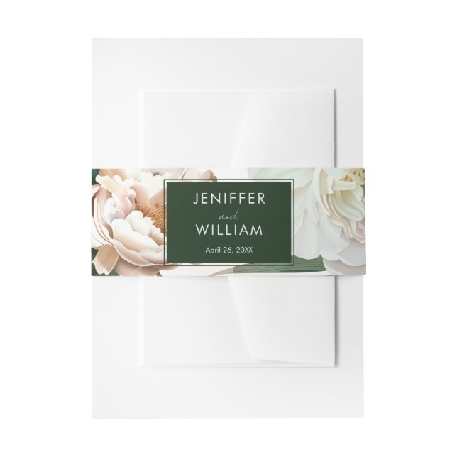 Peach White Peonies & Green Leaves Floral Wedding Invitation Belly Band (Front Example)