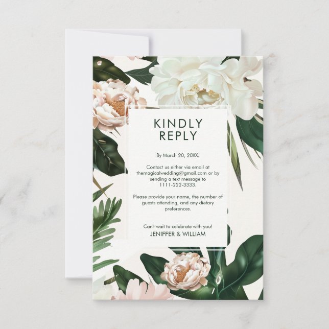 Peach White Peonies & Green Leaves Floral Wedding RSVP Card (Front)