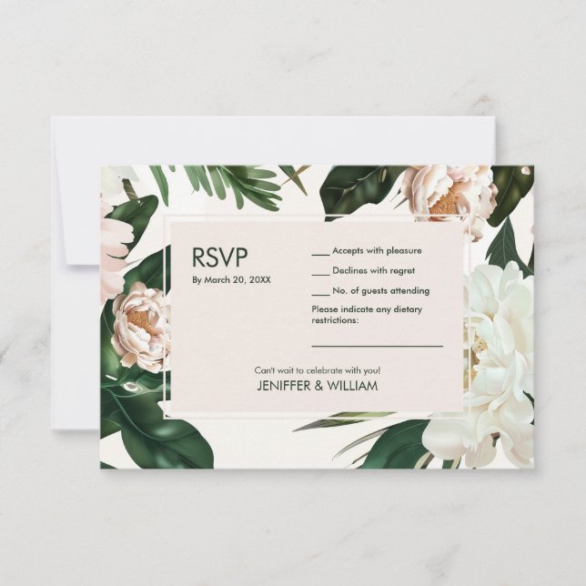 Peach White Peonies & Green Leaves Floral Wedding RSVP Card (Front)
