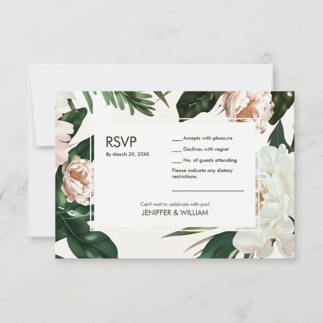 Peach White Peonies & Green Leaves Floral Wedding RSVP Card (Front)
