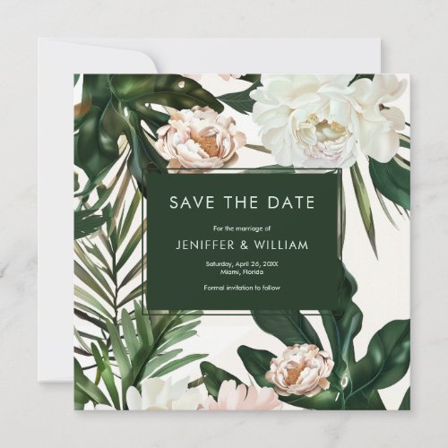 Peach White Peonies  Green Leaves Floral Wedding Save The Date