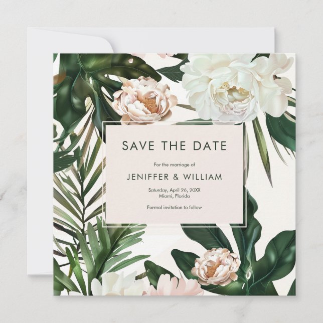 Peach White Peonies & Green Leaves Floral Wedding Save The Date (Front)
