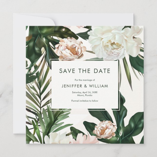 Peach White Peonies & Green Leaves Floral Wedding Save The Date (Front)