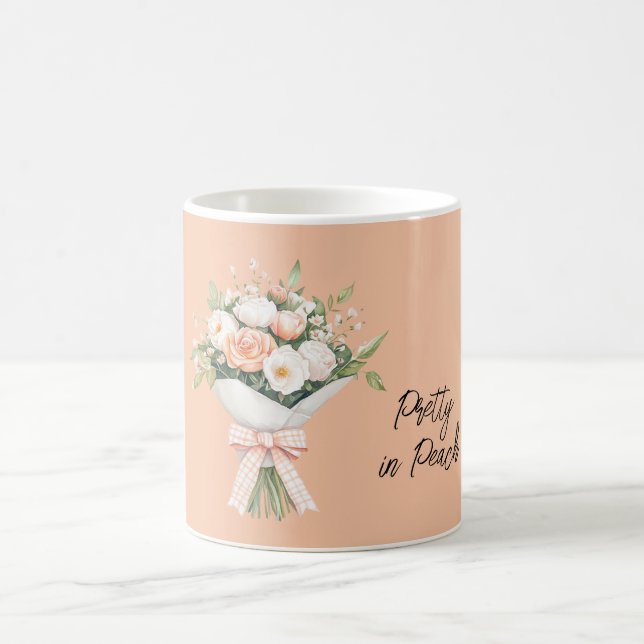 Peach White Roses Floral Bouquet Bow Coffee Mug (Center)