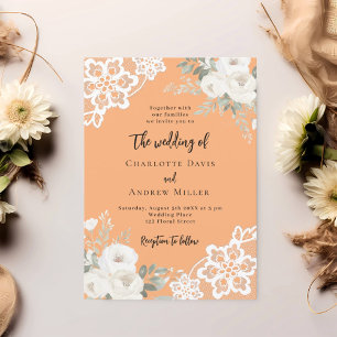 Peach white roses lace wedding invitation