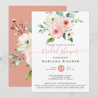 Peach White Watercolor Floral Bridal Shower Invita Invitation