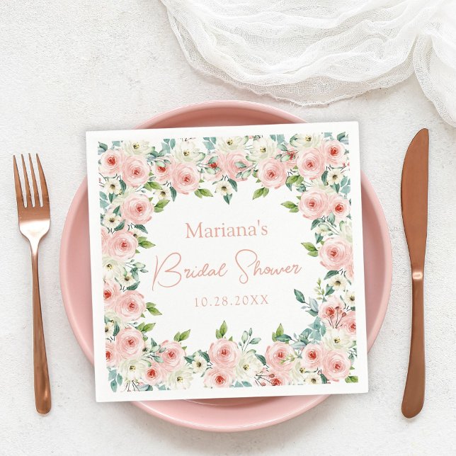 Peach White Watercolor Floral Bridal Shower Napkins (Creator Uploaded)