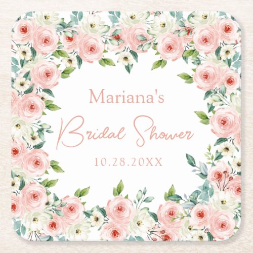 Peach White Watercolor Floral Bridal Shower Square Paper Coaster