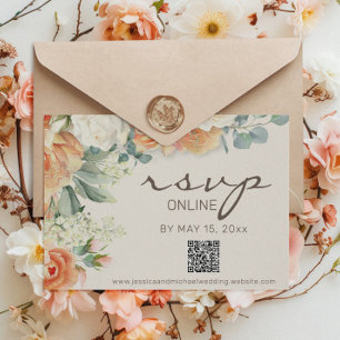 Peach White Watercolor Floral Eucalyptus QR Code  RSVP Card