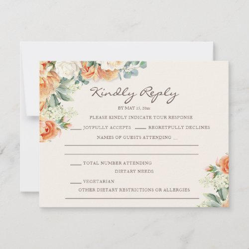 Peach White Watercolor Floral Eucalyptus Wedding RSVP Card