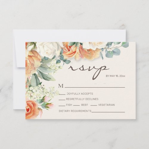 Peach White Watercolor Floral Eucalyptus Wedding RSVP Card