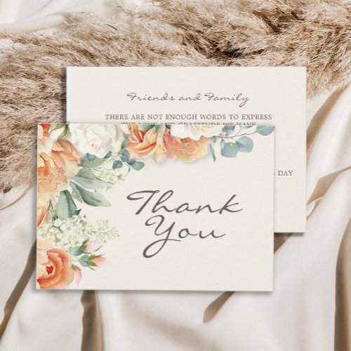 Peach White Watercolor Floral Eucalyptus Wedding Thank You Card