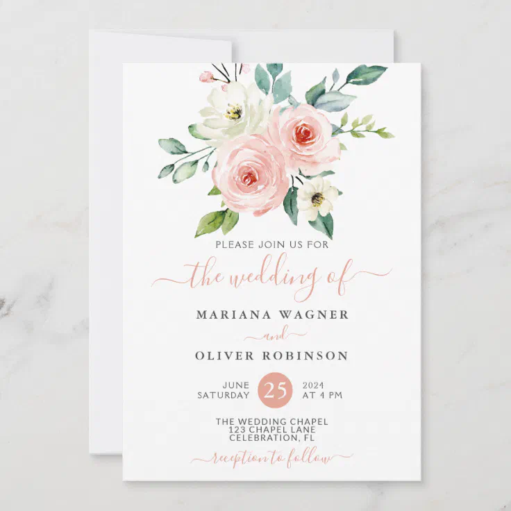 Peach White Watercolor Floral Wedding Invitation | Zazzle