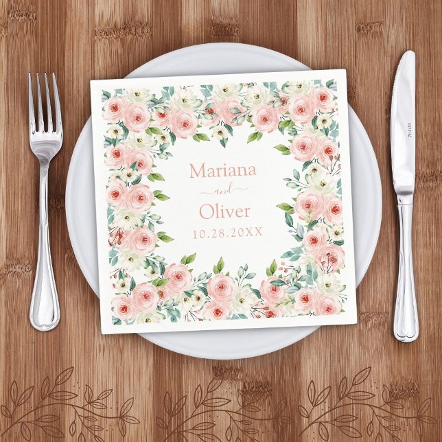 Peach White Watercolor Floral Wedding Napkins (Creator Uploaded)