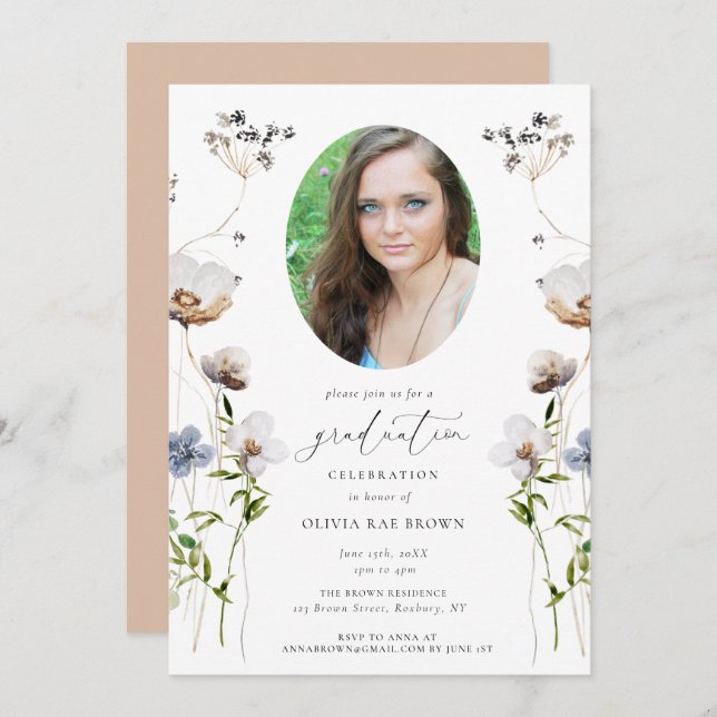 Peach Wildflower Calligraphy Graduation Invitation (Front/Back)