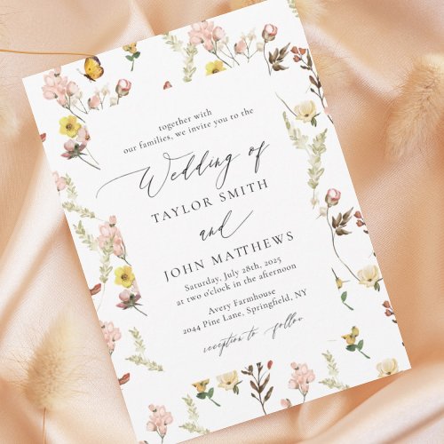 Peach Wildflower Floral Calligraphy Wedding Invitation