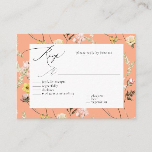 Peach Wildflower Floral Calligraphy Wedding RSVP Enclosure Card