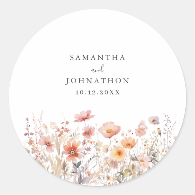 Peach Wildflower Floral Wedding  Classic Round Sticker (Front)