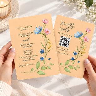 Peach Wildflower QR Wedding Invitation