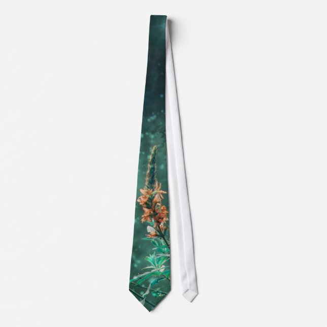 Peach Wildflowers Against Jade Star Filled Sky Neck Tie (Front)