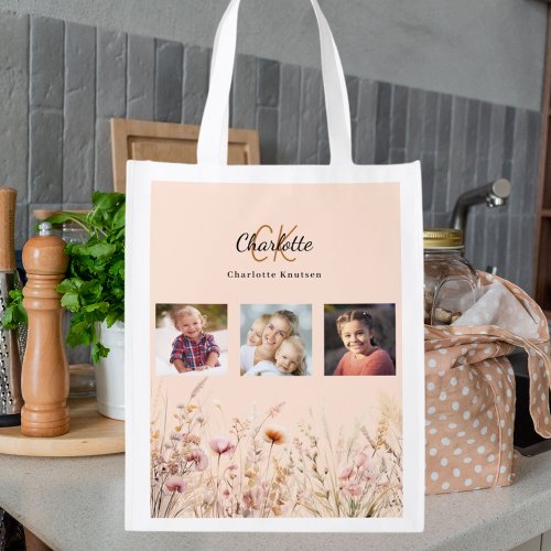 Peach wildflowers photo collage monogram grocery bag