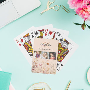 Peach wildflowers photo collage monogram poker cards