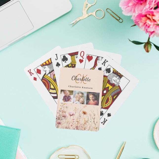 Peach wildflowers photo collage monogram poker cards (Creator Uploaded)