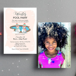 Peach Winter Pool Birthday Party Photo Invitation
