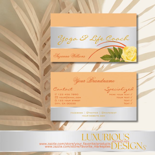 Peach with Silver Decor and Gorgeous Rose Flower Business Card (Creator Uploaded)