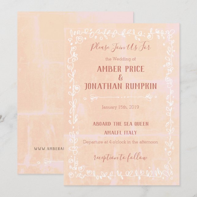 Peach with White Floral Border Wedding Invitations (Front/Back)