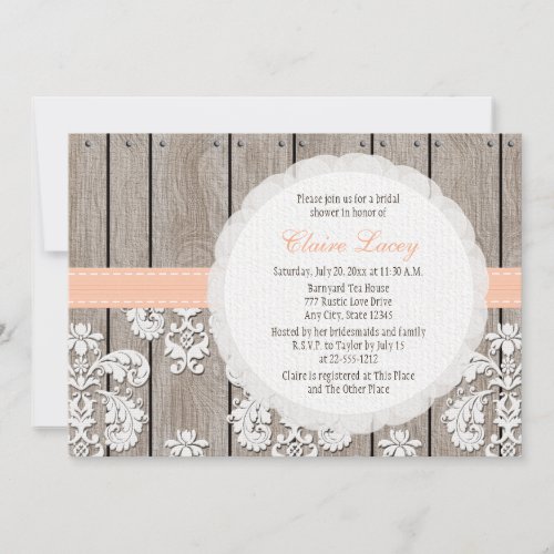 Peach Wood Lace Rustic Bridal Shower Invitations