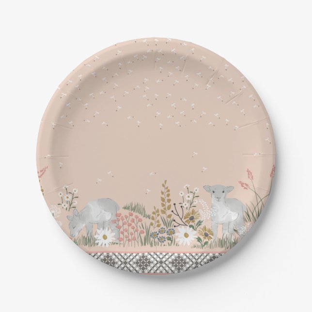 Peach Woodland Lamb Paper Plate (Front)