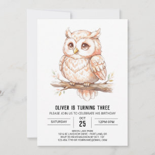 Peach Woodland Owl Birthday Invitation