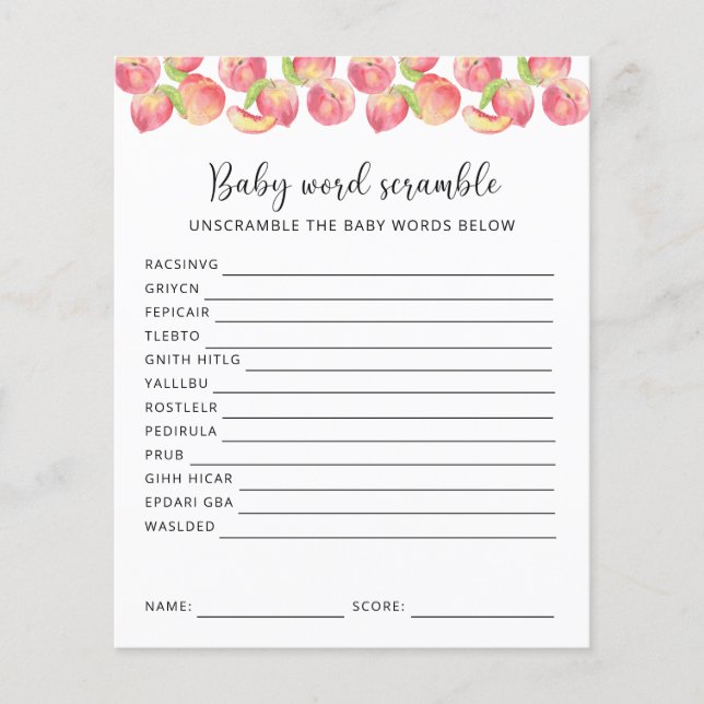 Peach Word Scramble | Baby Shower Game (Front)